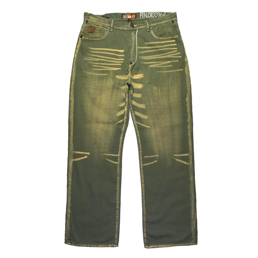 Vinatge 2YK Akademiks Men's Green and Yellow Jeans Size 40/34 Baggy wide legs